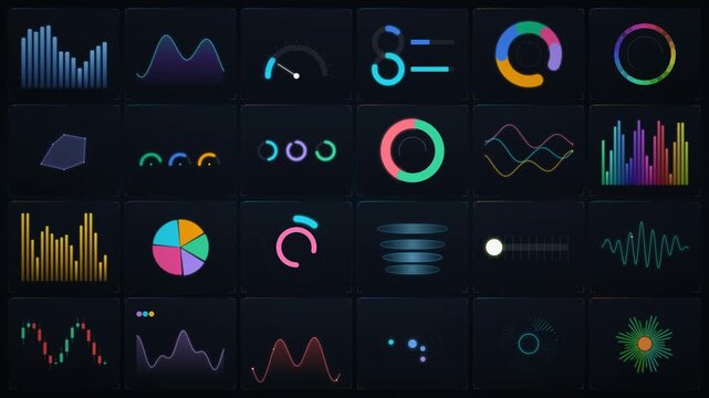 Collection of various types of charts and graphs, including bar graphs, pie charts, and line graphs, on a dark background