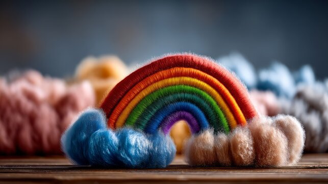 Handmade colorful rainbow made of yarn with soft cotton clouds on wood