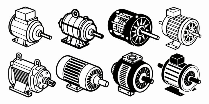 Set of 15 black and white electric motor on white background, engineering machinery