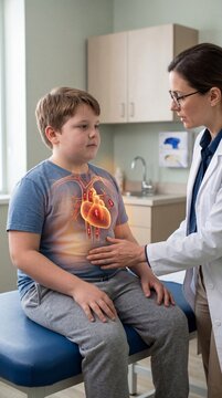 Woman doctor examining child patient with augmented reality heart visualization. Pediatrician checking boy chest health. Innovative medical diagnostic technology in clinic setting. Professional care.