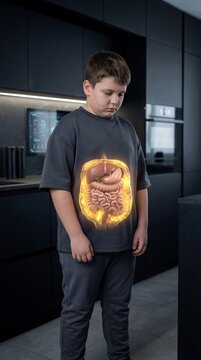 Child with illuminated human digestive system hologram. Visualization of internal organs and anatomy. Medical concept of pediatric gastroenterology and digestive health diagnosis.