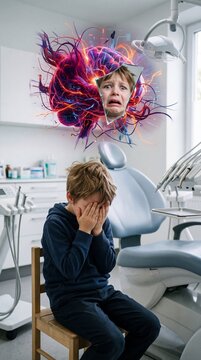 Crying child covering face in dentist office. Concept of dental anxiety, childhood fear and psychological stress during medical appointment. Vivid brain illustration representing mental pain.