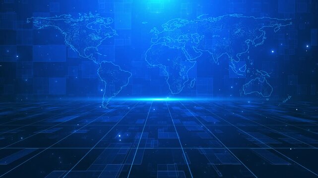 Blue digital world map background dotted continents, glowing grid floor, and futuristic global data space. news , finance reports, business intros, travel screens, network visuals, technology overlays
