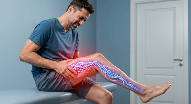 Man suffering from leg pain, highlighting nerves and blood vessels. Medical concept addressing neuropathy, circulation problem, or injury.