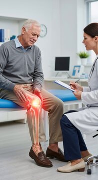 Senior man complaining about knee pain to woman doctor. Visual representation of joint inflammation. Healthcare concept for orthopedic treatment.