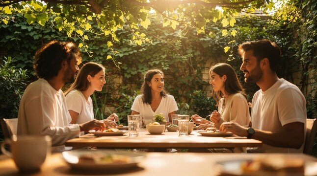 Group of Friends Enjoying Lively Dinner in Sunlit Garden, Warm and Inviting Atmosphere, Surrounded by Lush Greenery, Soft Golden Light, Capturing Friendship and Joyful Togetherness