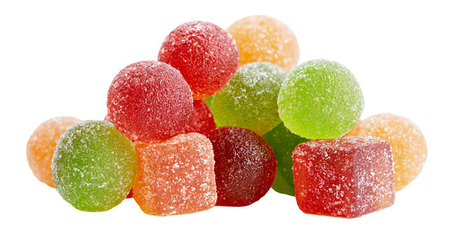 Assorted colorful gummy candies round and square shapes, dusted with sugar