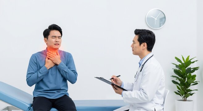 Asian man with sore throat consulting doctor. Patient suffering from neck pain and health problem. Medical examination and healthcare concept.