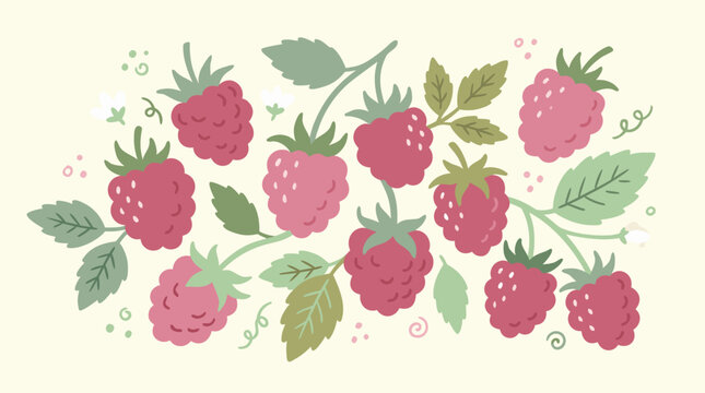 Pastel raspberries with green leaves and delicate floral accents on cream background