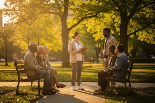 Diverse Group Engaging in Outdoor Discussion in Sunlit Park, Warm Golden Hour Light Filtering Through Lush Green Trees, Casual Attire and Relaxed Postures, Capturing Community and Connection