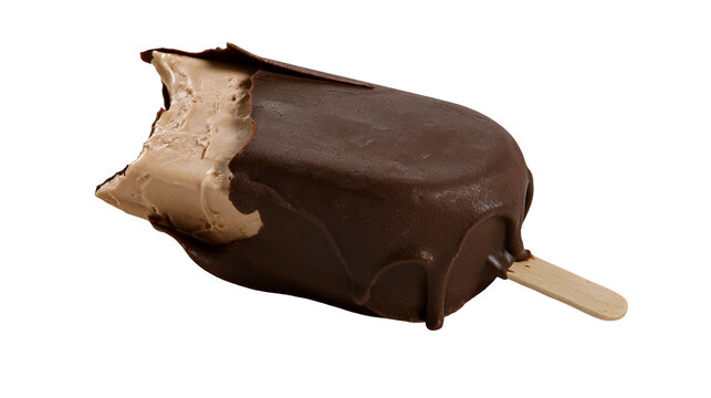 Chocolate covered ice cream bar with bite mark