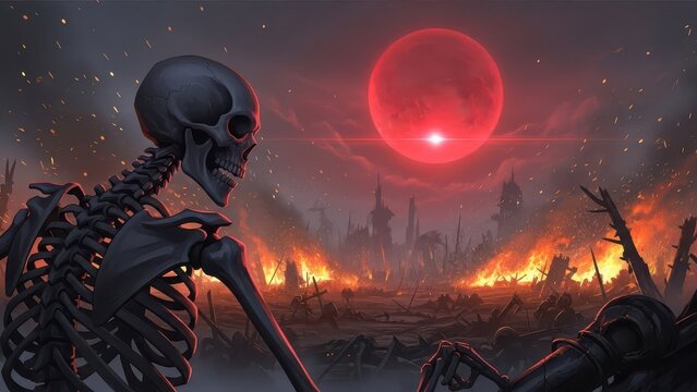Skull gazes upon burning world red moon