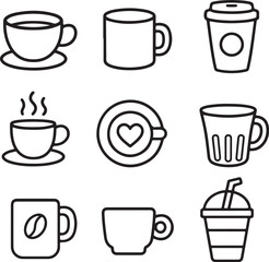 Fototapeta premium A collection of simple black line art icons displays various coffee cups and mugs.