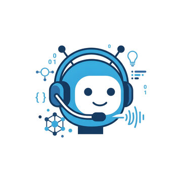 Minimal flat vector icon of a virtual AI assistant with headset and digital elements.
