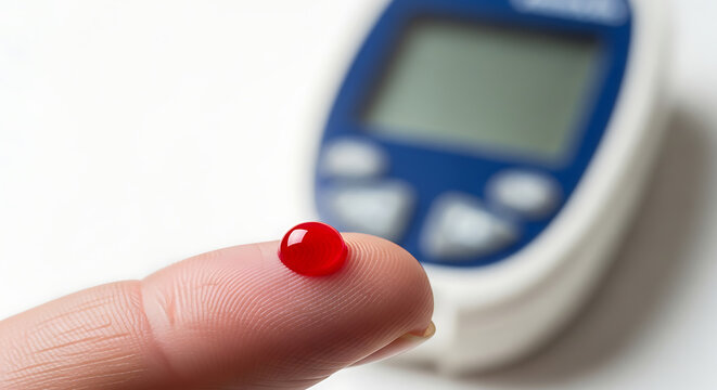 A close-up shot of a blood drop on a fingertip next to a glucose meter, indicating diabetes testing.