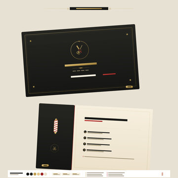  Classic dark barber shop business card design with gold scissors logo and traditional barber pole icon