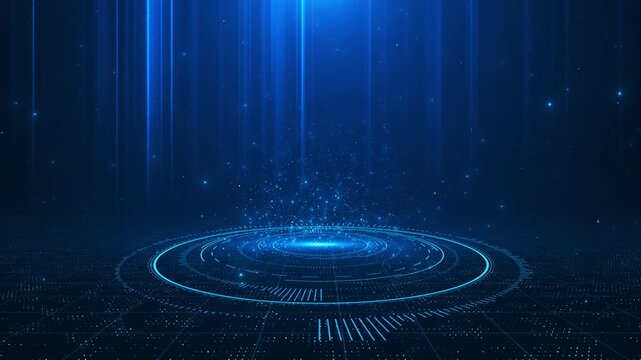 Blue hologram stage platform background glowing circular rings, vertical light beams, floating particles, grid floor. product reveals, AI videos, sci fi intros, virtual events, digital presentation