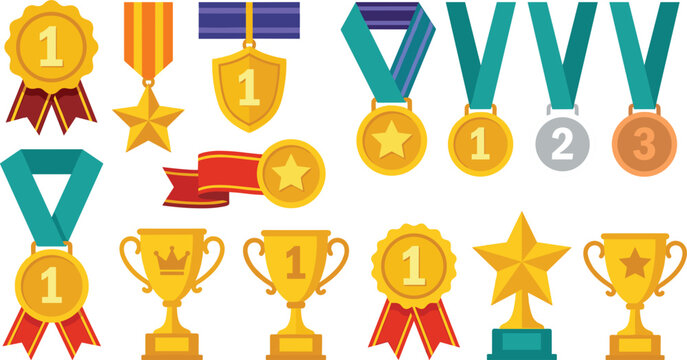 Gold trophies medals and awards collection first second third place sports championship winner trophies badges set on white background