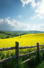 Fototapeta premium Vibrant yellow rapeseed field blooms under sunny blue sky with soft white clouds. Old wooden fence stands in front of rolling green hills at countryside. Scenic rural landscape features bright canola