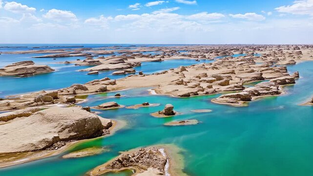 Aerial view of water yardang landforms in a turquoise lake in Qinghai, China