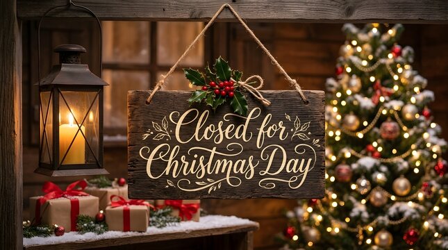 Rustic 'closed for christmas' sign with holiday decorations and warm lighting