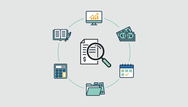 Business document financial audit process diagram with folder database calculator and analytical charts.