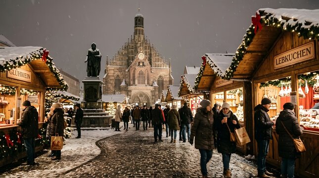 Nuremberg christmas market at night with festive stalls and snowfall