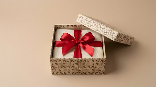 Elegant open gift box with red ribbon on neutral background