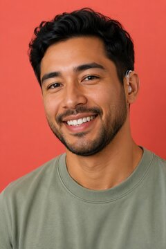 Cheerful young man wearing hearing aid smiling warm studio portrait inclusion