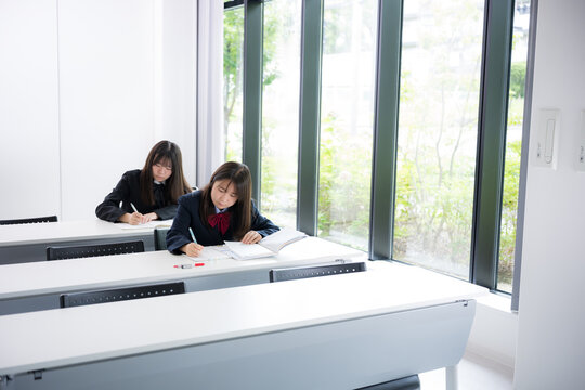 教室や塾で真剣に勉強へ取り組む日本人女子高校生　高校受験、大学受験の勉強や定期テスト対策のイメージ　正面広角の全身	