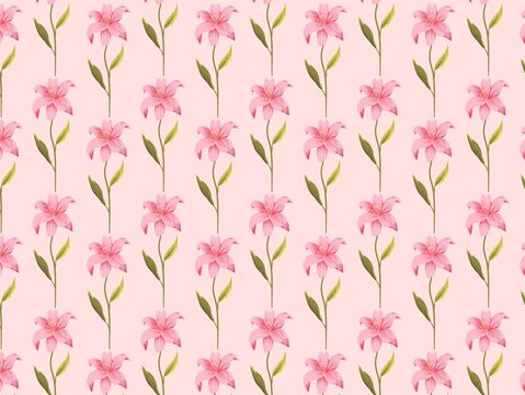 Pattern of pink lilies with elongated green leaves on light pink background. Repeating design creates symmetrical vertical alignment. Each lily flower exhibits detailed petals and distinct central str