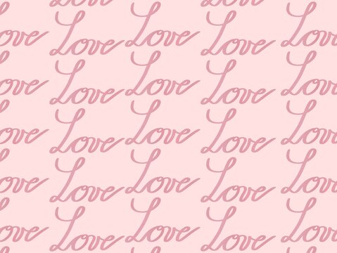 A seamless pattern featuring the word "Love" in elegant, pink cursive script. The text is repeated diagonally across a light pink background, creating a soft, romantic design. The style suggests a pla