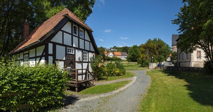The half timbered watermill at The cloister garden and park at Lamspringe village at Lower saxonia Germany