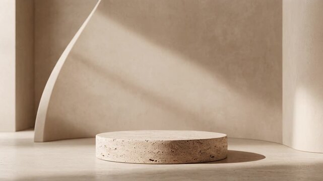 Minimalist Travertine Pedestal Display in Arched Studio for Luxury Brand Presentation