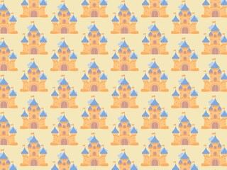 Seamless pattern featuring cartoon castles with blue turrets and beige stone walls. Each castle has multiple towers adorned with small flags, with a large arched entrance in the center. The repetitive © ALEXO444