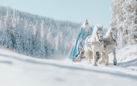 Traditional Russian Ded Moroz in Silver and Blue Robe in Winter Landscape