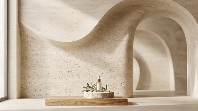 Luxury Organic Serum Bottle Resting on Stone Podium in Minimalist Spa Setting for Premium Branding