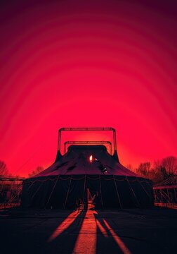 A decaying circus tent stands under a crimson sky, its black canvas tattered as shadows creep through an eerie and abandoned haunted park, mystery, fear, aesthetic