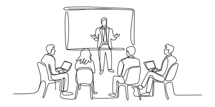 Business people attending a presentation meeting in a continuous line drawing
