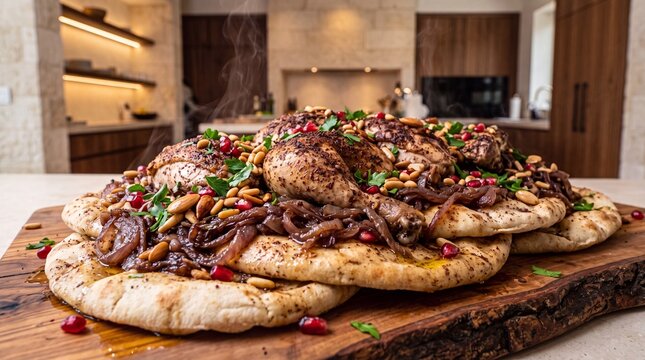 Traditional Palestinian Musakhan with roasted sumac chicken, caramelized onions and pine nuts on taboon bread, steaming hot close up