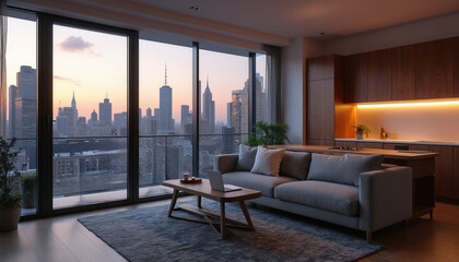 Obraz premium Modern studio apartment features open living area with wooden furniture plus grey sofa. Large windows offer panoramic city skyline view at sunset. Minimalist kitchen space connects to cozy room.