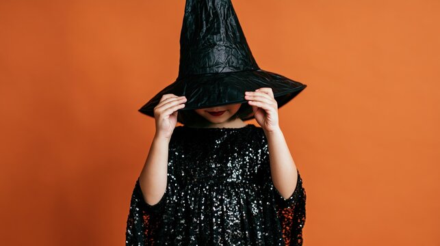 Little witch hiding her face beneath a classic pointed hat during Halloween celebration. Creative autumn portrait featuring a festive costume, mystery, childhood fantasy and seasonal tradition