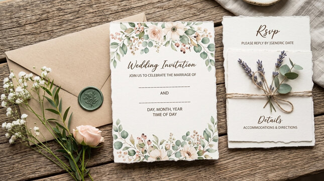 Elegant wedding invitation set with rustic floral accents on wooden background. Customizable wedding invitation design features delicate botanical illustrations, RSVP card, details card.