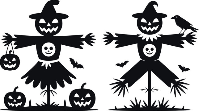 Halloween scarecrow with pumpkins and bats