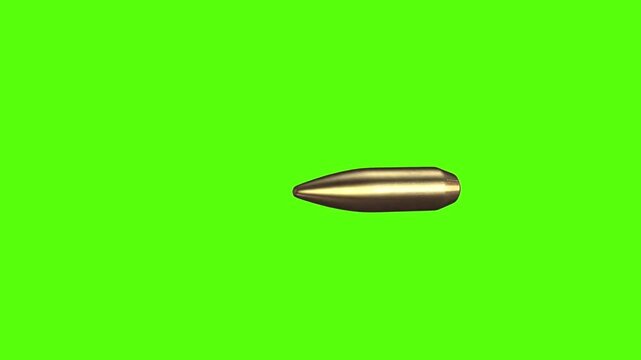  Shiny brass bullet spinning fast in slow motion over keyable solid green screen chroma key background
