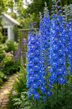 Tall blue delphinium flowers blooming in summer cottage garden