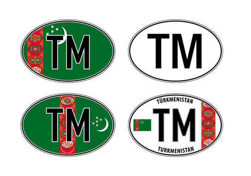 Turkmenistan, oval international vehicle registration code license plate car sticker, vector illustration