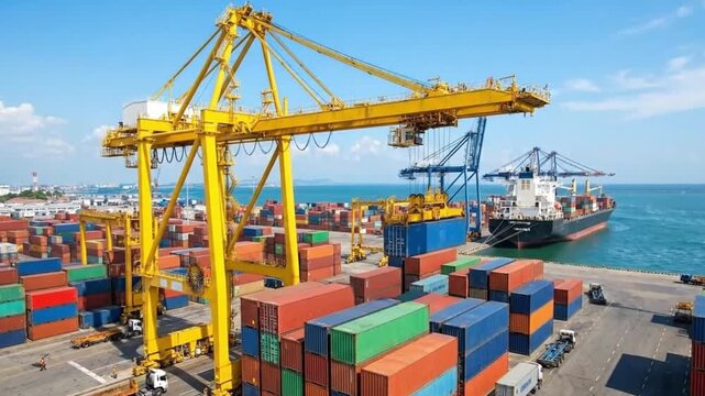 Aerial view of container cargo ship loading and unloading at port terminal with gantry crane