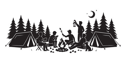 Black silhouette collection of people and children camping and sitting around a campfire in the woods isolated on white background, Vector