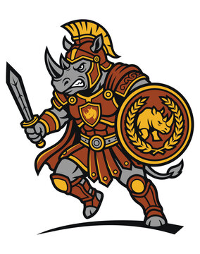 A dynamic vector style illustration of an anthropomorphic rhinoceros warrior dressed in ancient antique bronze and orange plate armor, holding a silver sword and a circular shield featuring a